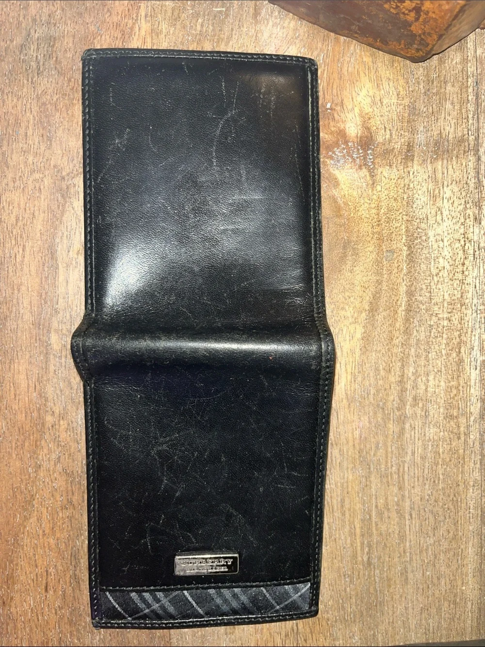 Burberry Black Leather Bifold Wallet with Grey Plaid Trim